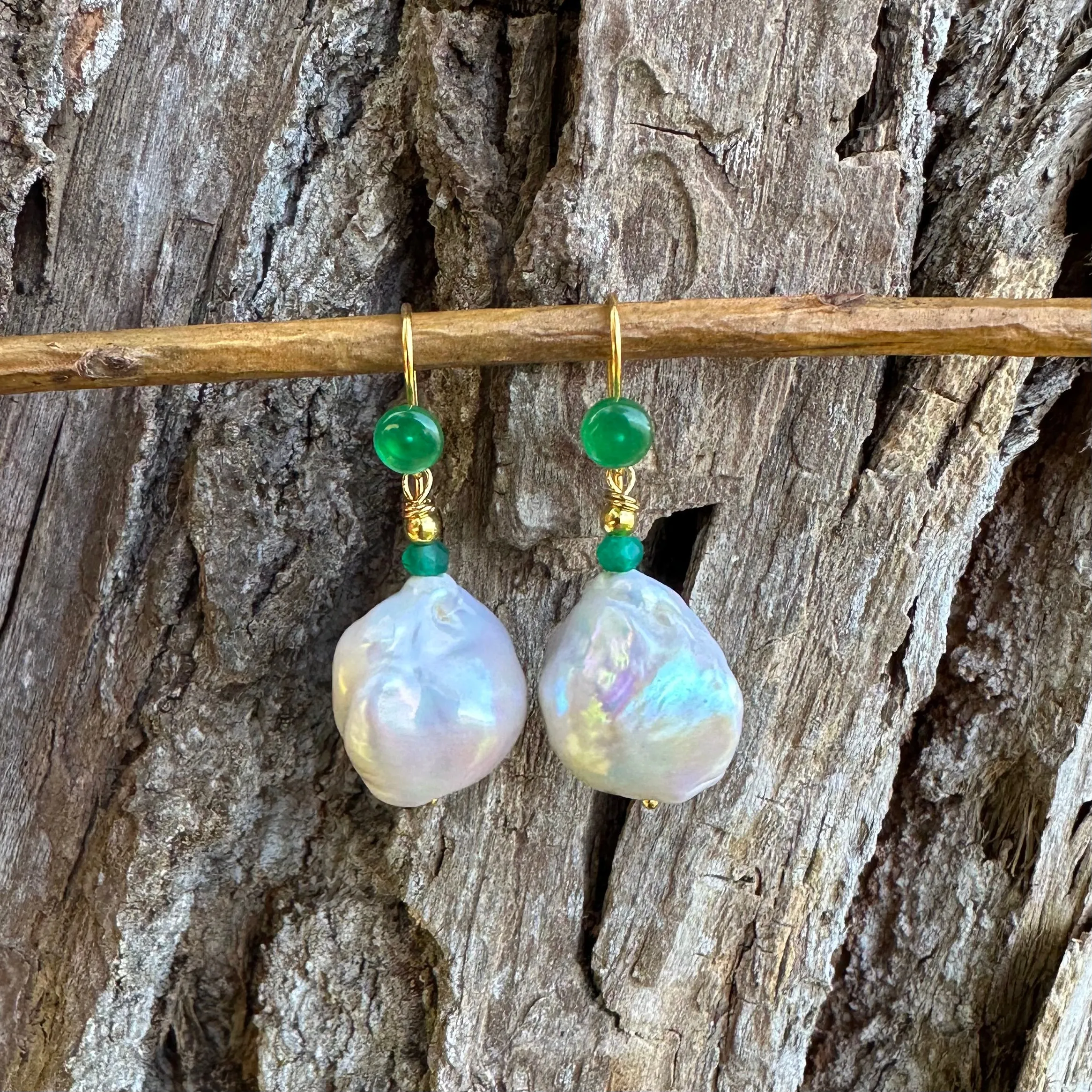 White Baroque Pearl Drop Earrings with Green Agate