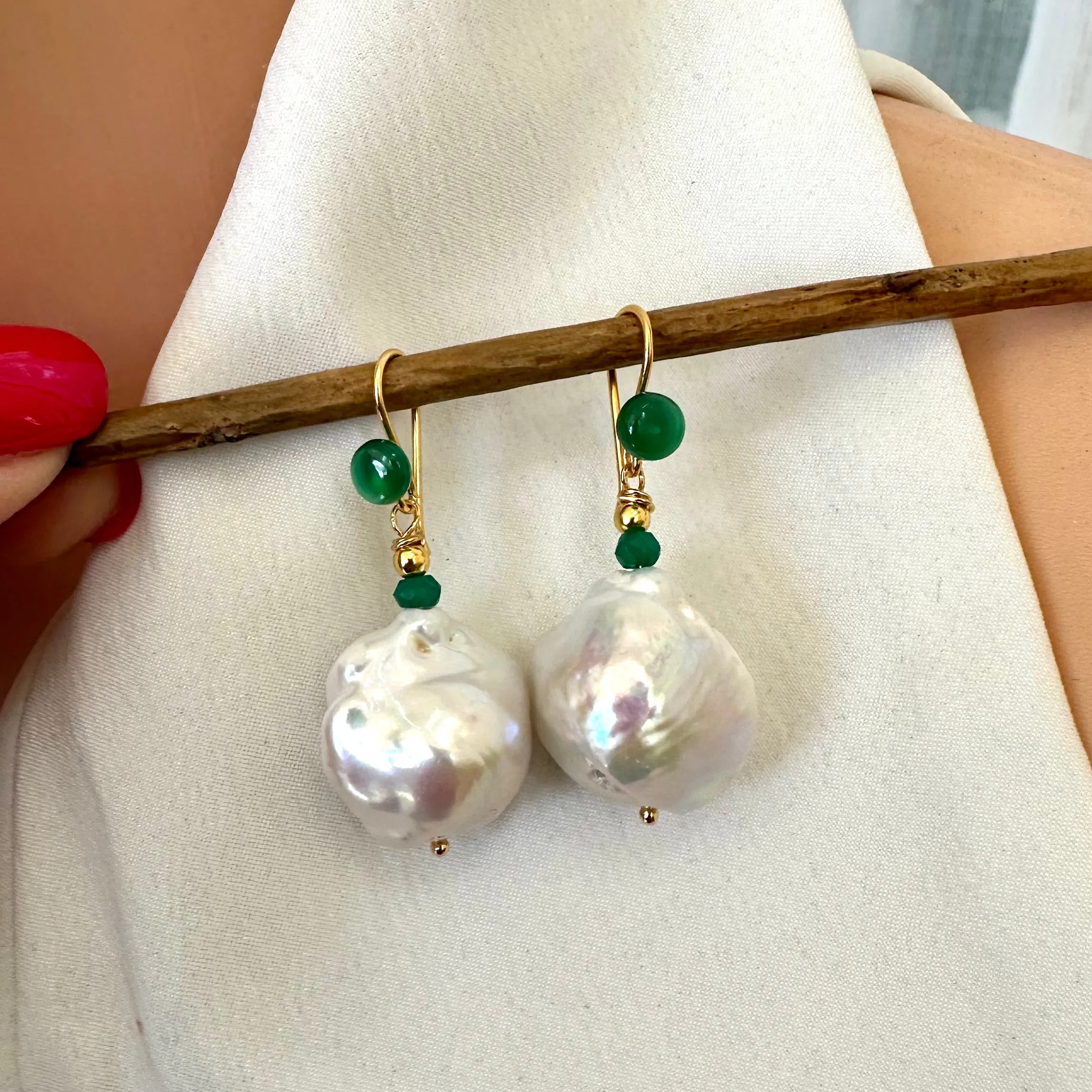 White Baroque Pearl Drop Earrings with Green Agate