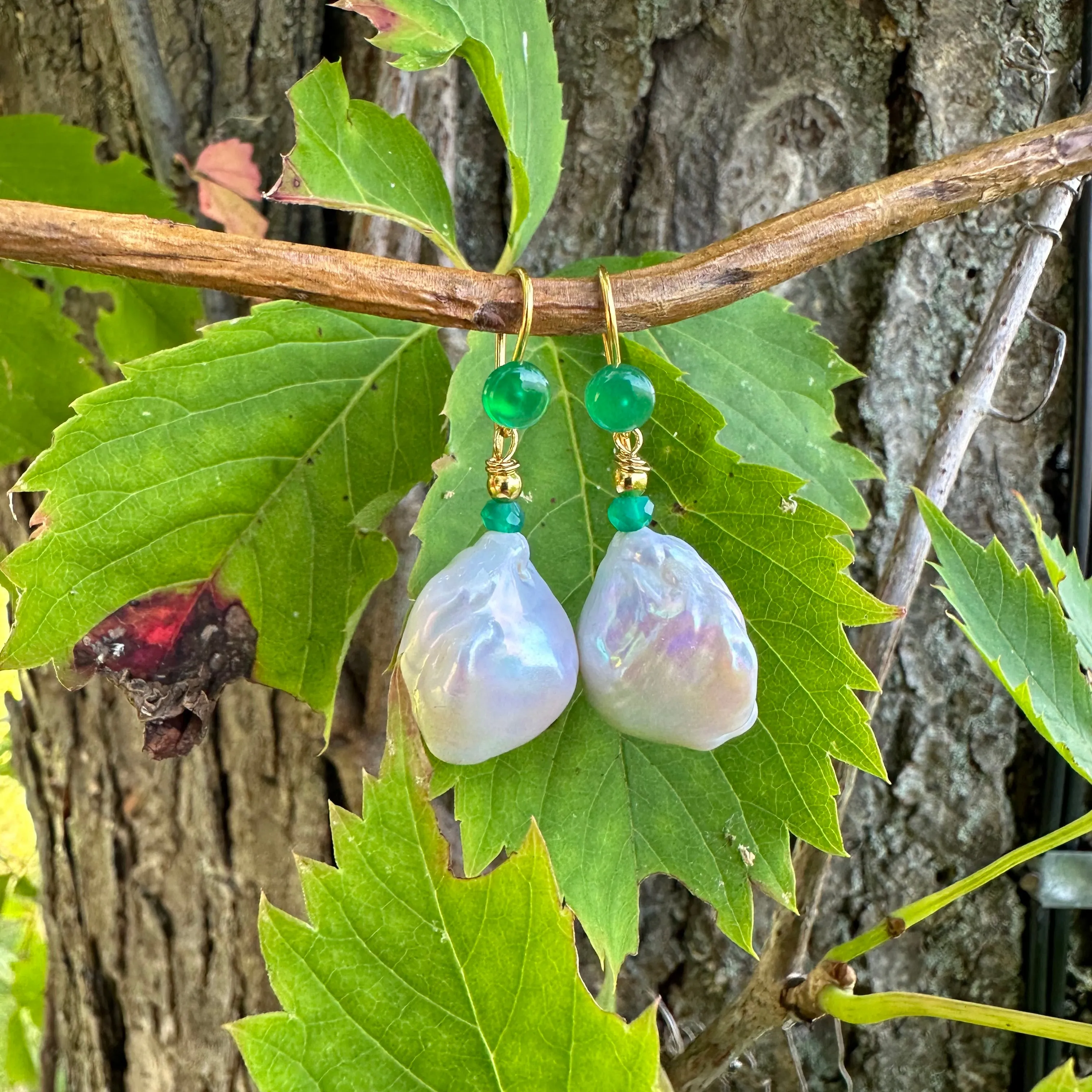 White Baroque Pearl Drop Earrings with Green Agate