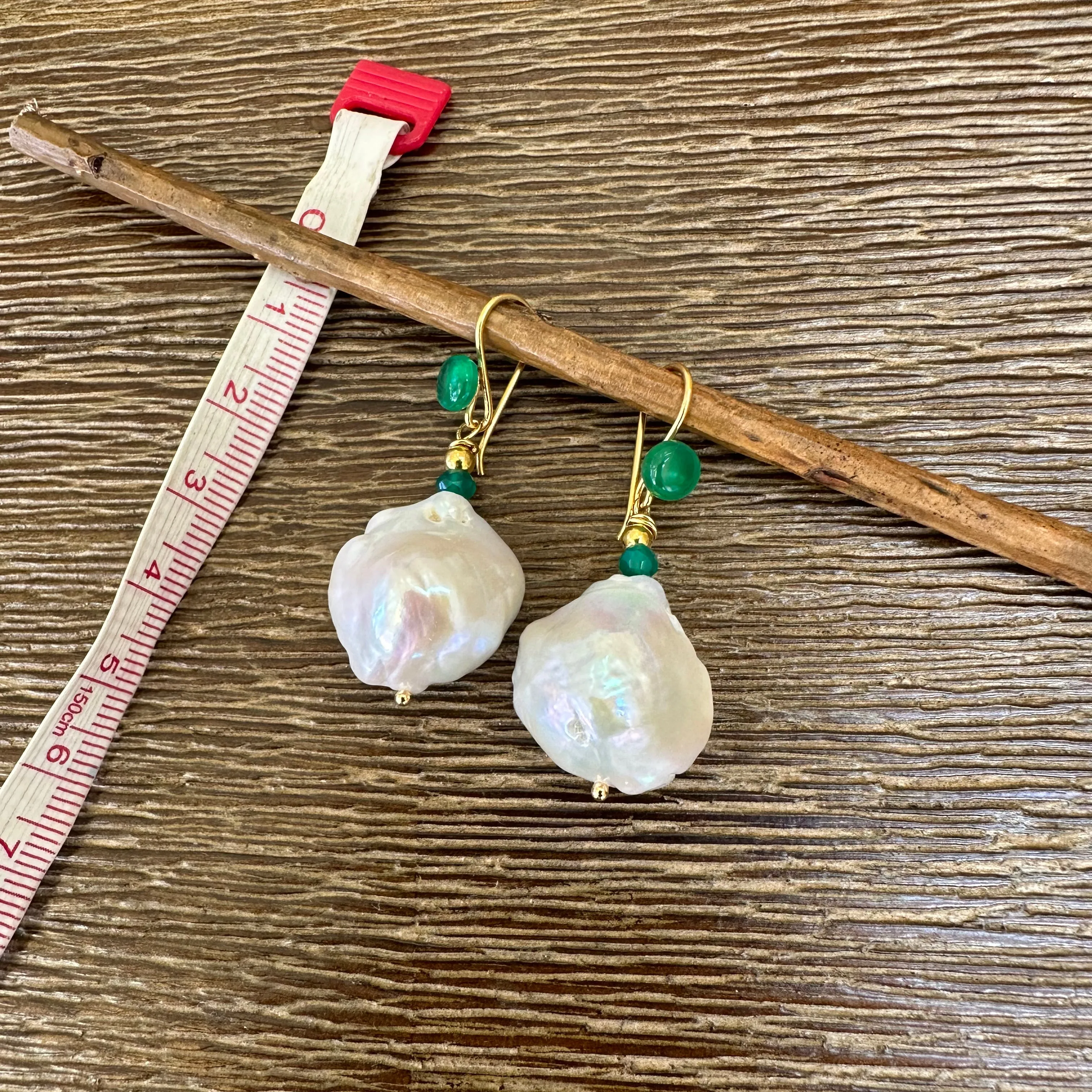 White Baroque Pearl Drop Earrings with Green Agate