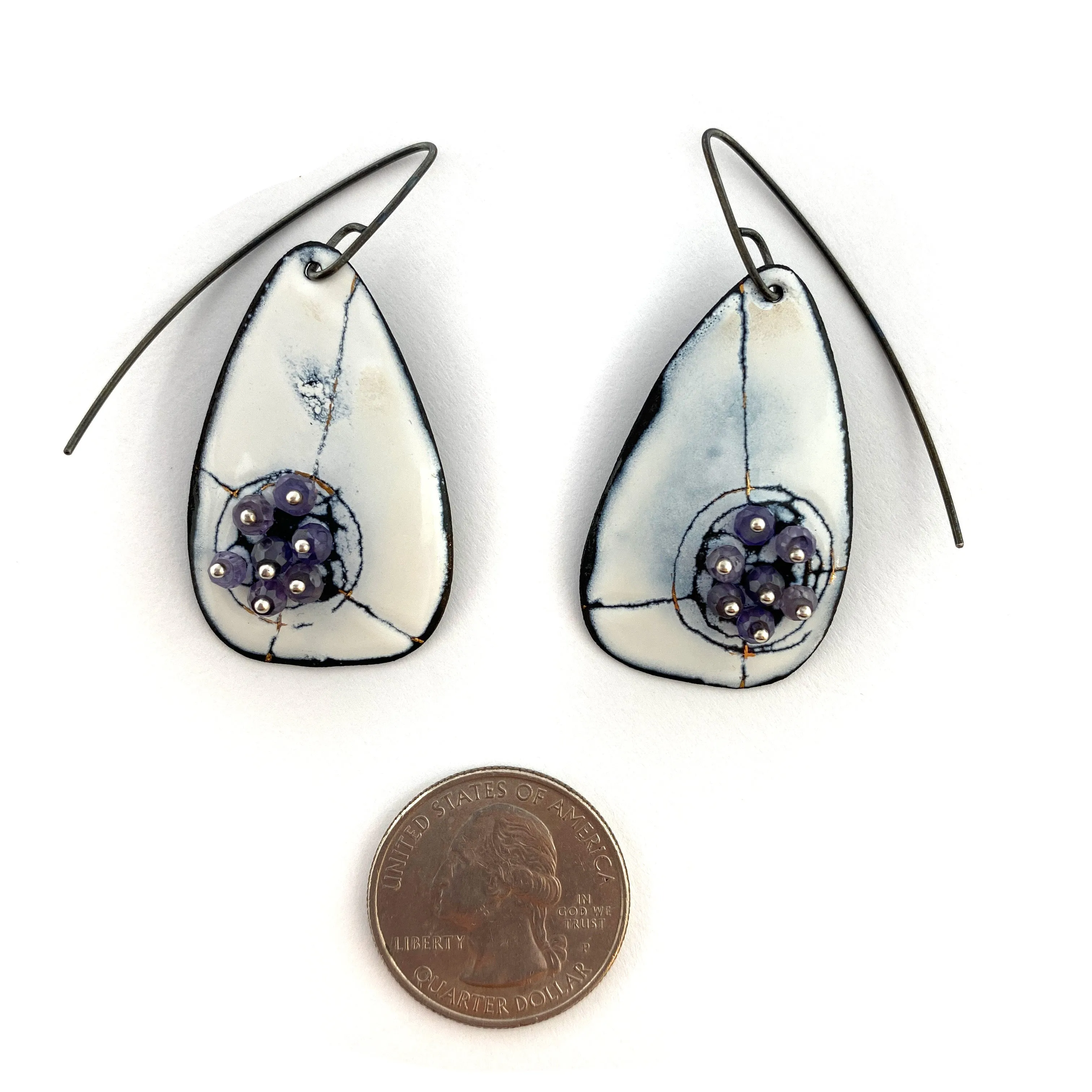 White Enamel Earrings with Purple Beads