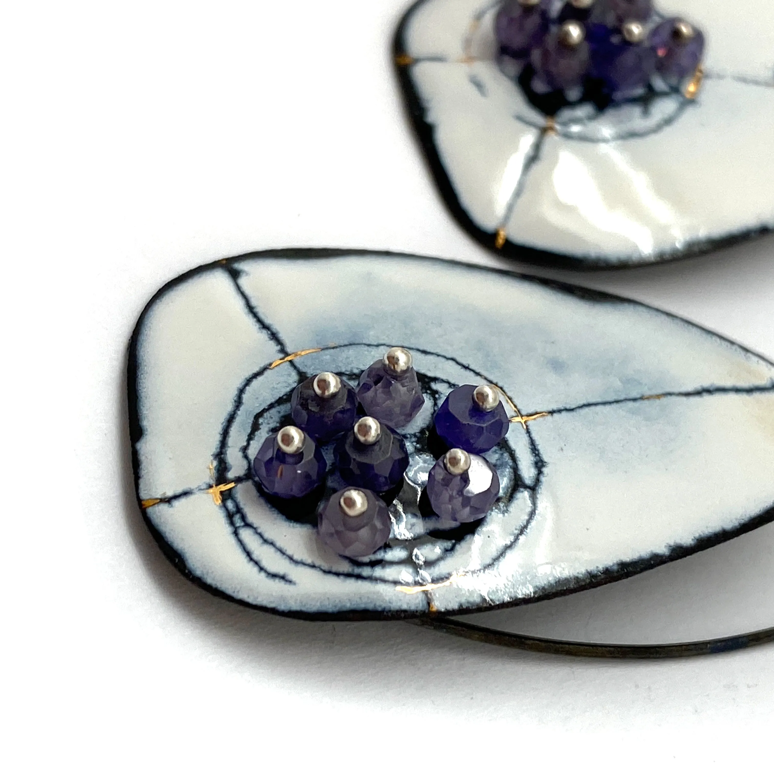 White Enamel Earrings with Purple Beads