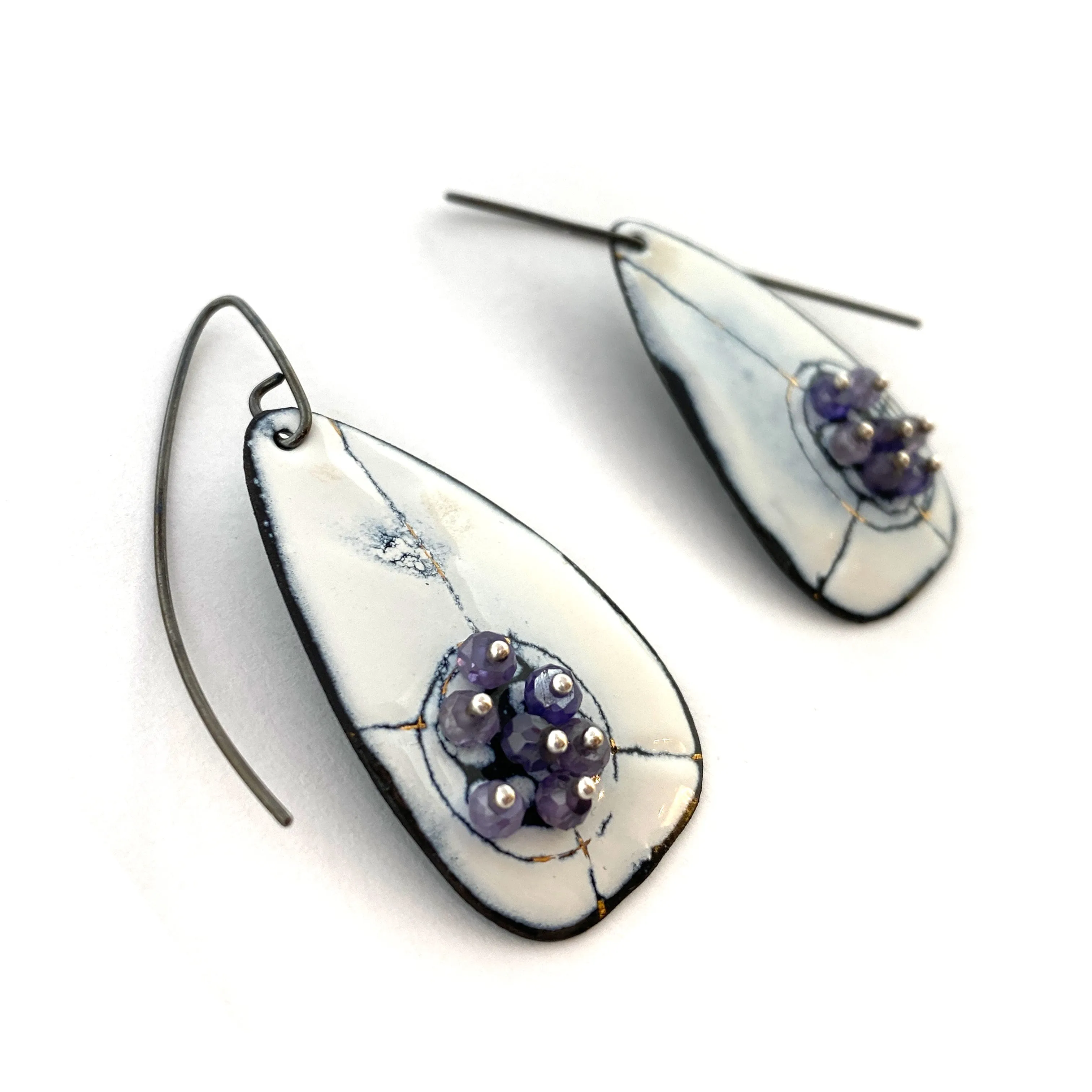 White Enamel Earrings with Purple Beads