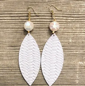 White Fishtail Leather Earrings with Bead