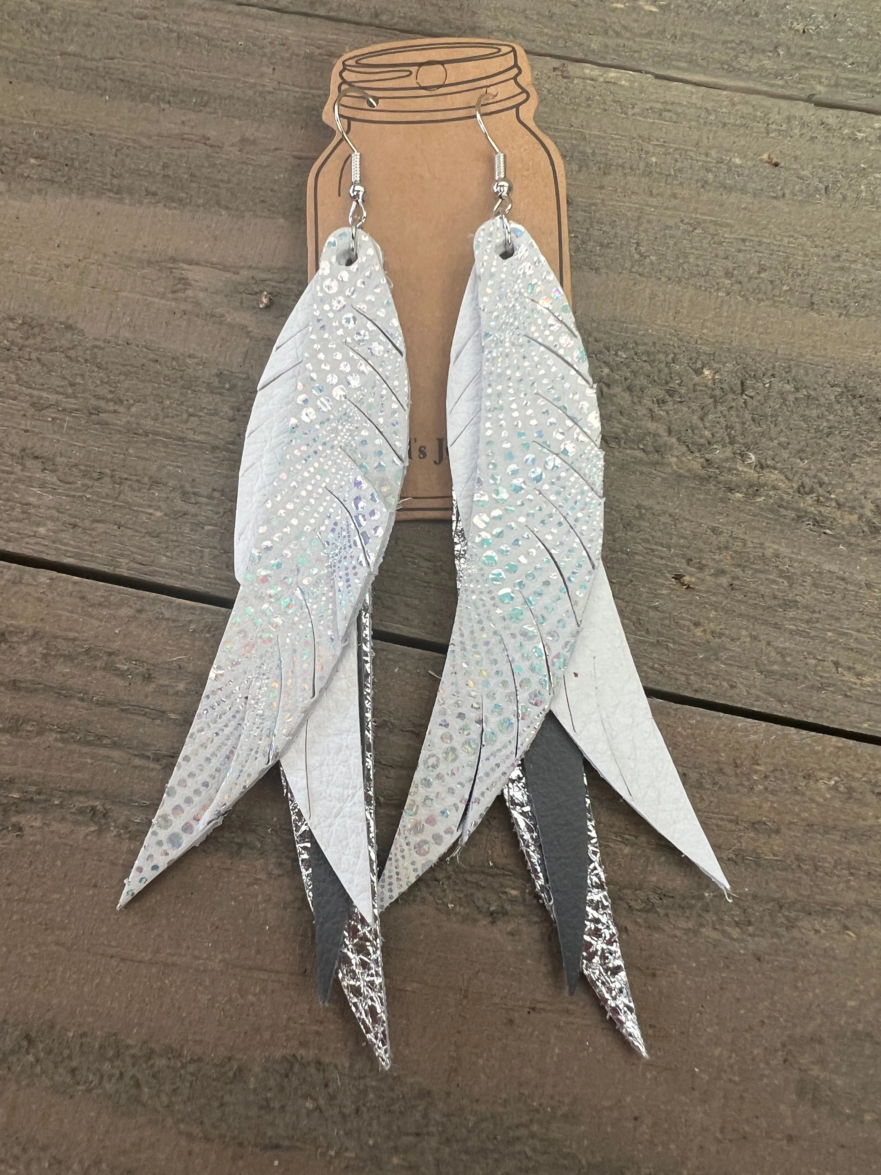 White Holographic Stacked Fringe Feather Earrings