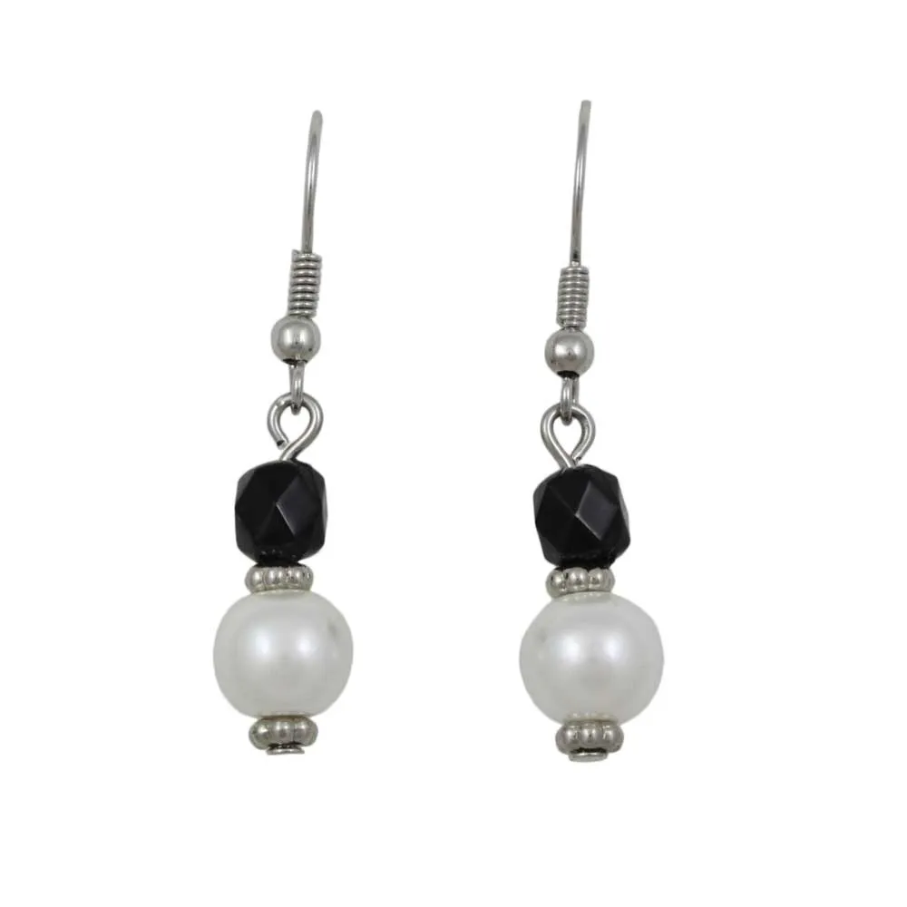 White Pearl with Black Bead Dangling Pierced Earring - PT723E
