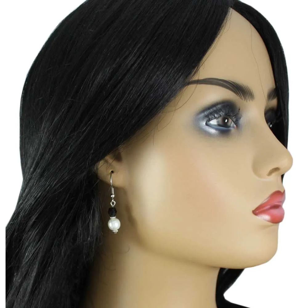 White Pearl with Black Bead Dangling Pierced Earring - PT723E