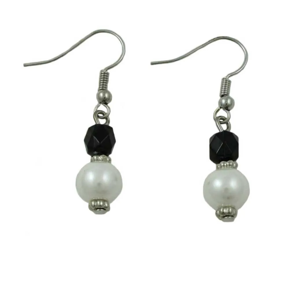 White Pearl with Black Bead Dangling Pierced Earring - PT723E