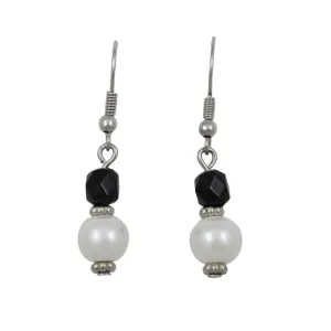 White Pearl with Black Bead Dangling Pierced Earring - PT723E