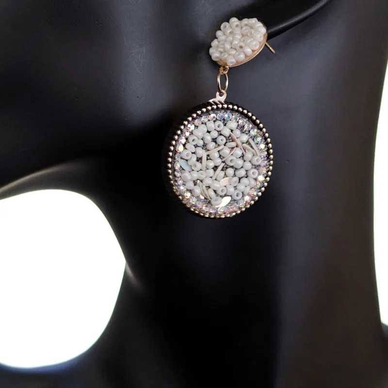 White Seed Bead Round Flat Disc Earrings