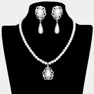 White Teardrop Pearl and Round Pearl Necklace Set with Clip on Earrings | Bridal Jewelry| 602203