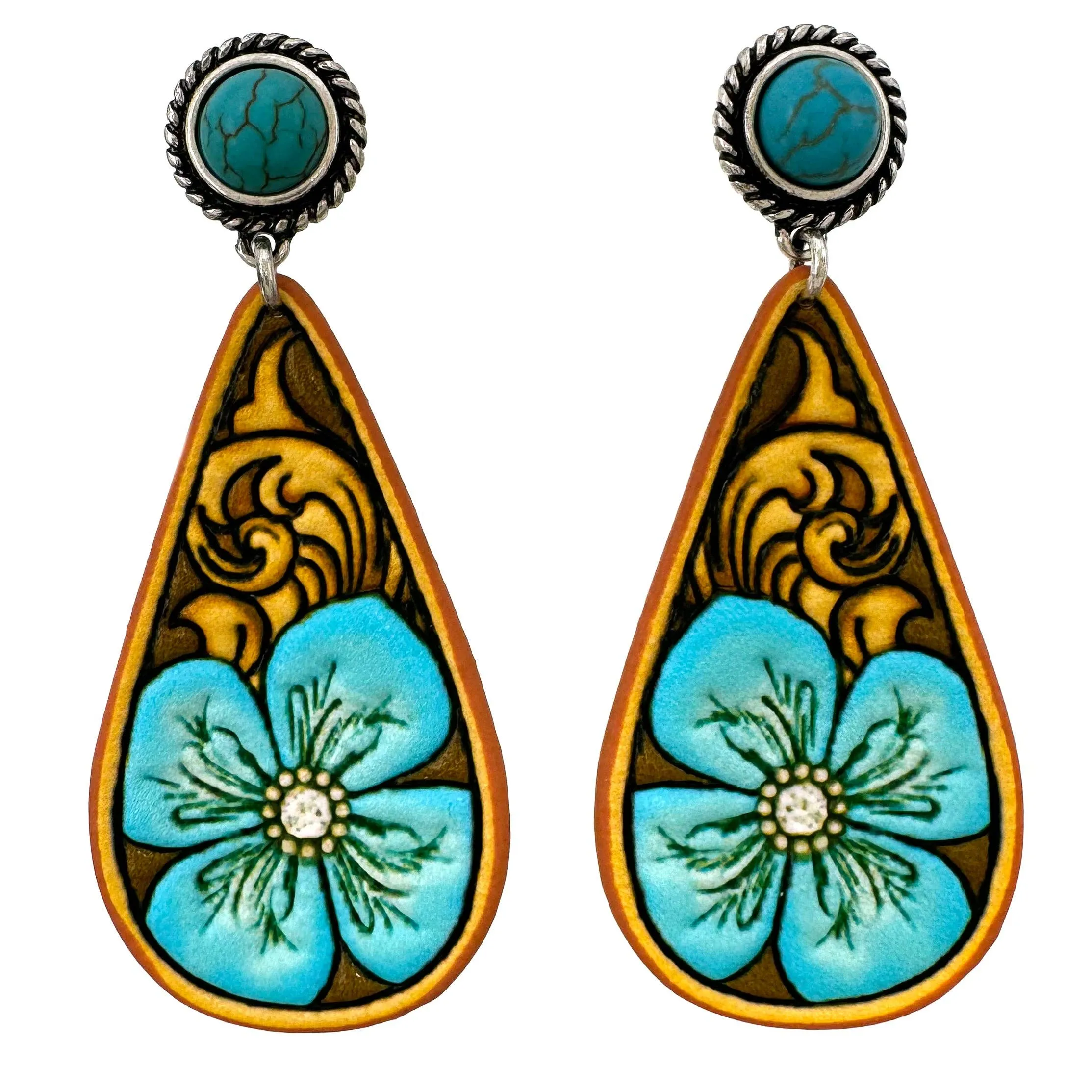 White Tooled Leather Western Flower Teardrop Earrings