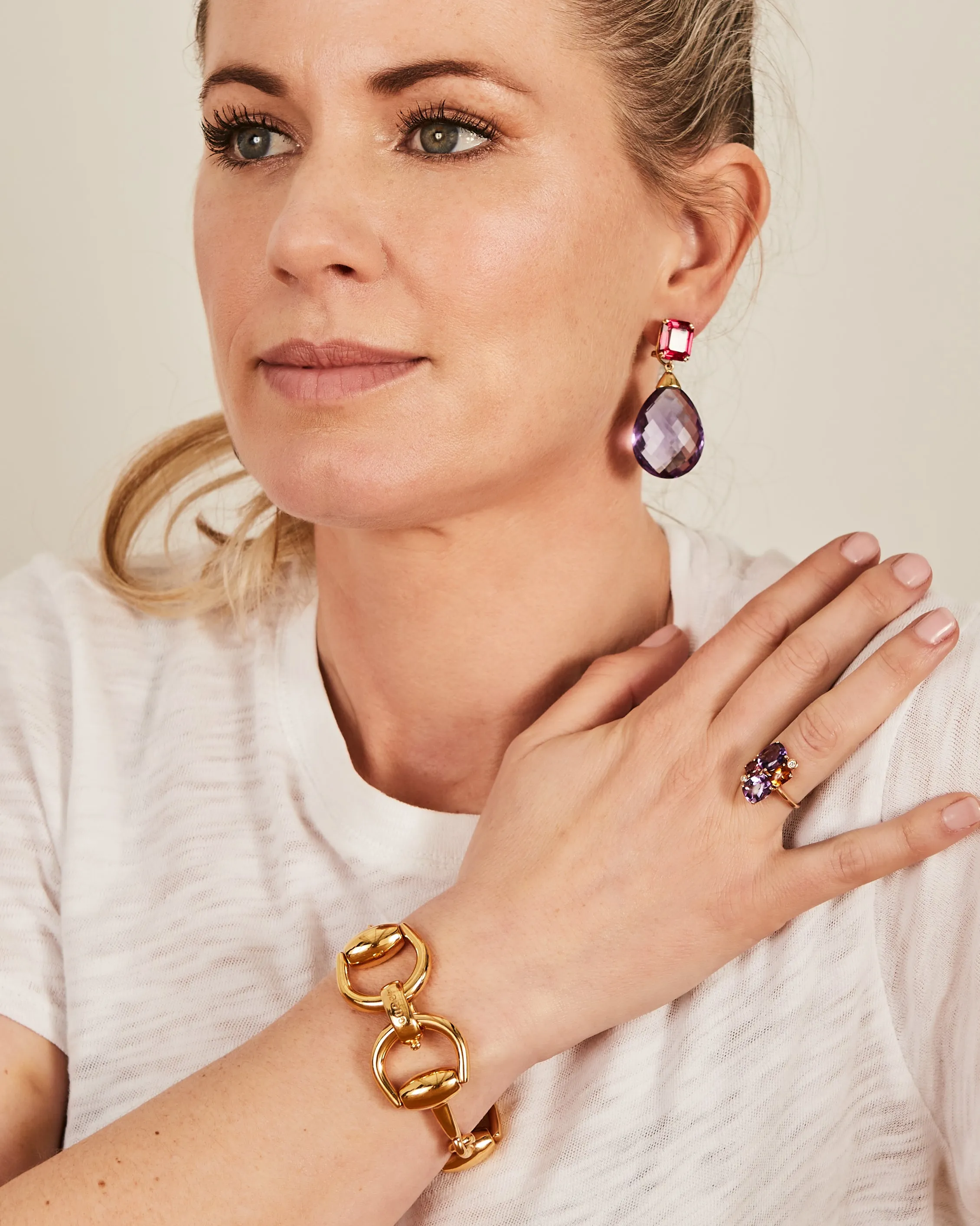 Yellow gold earrings synthetic ruby and amethyst