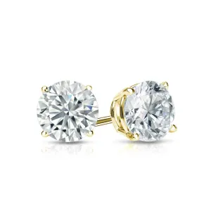 Yellow Gold Four Prong Basket Set Round Brilliant Lab-Grown Diamond Stud Earrings