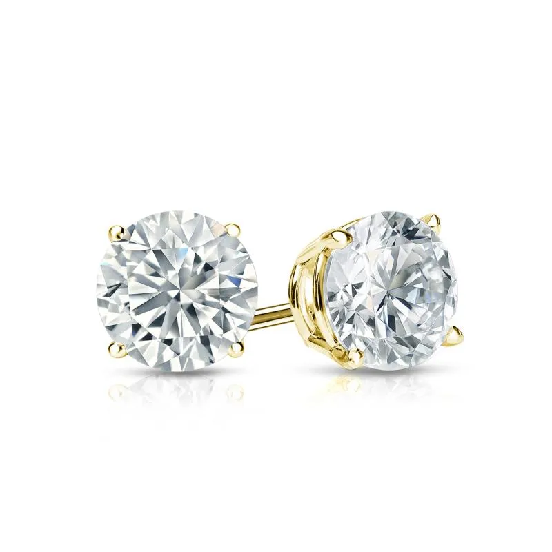 Yellow Gold Four Prong Basket Set Round Brilliant Lab-Grown Diamond Stud Earrings