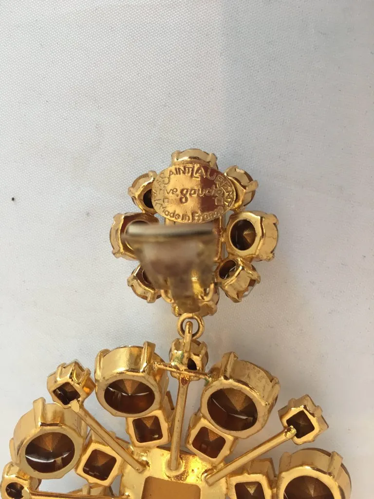 Yves Saint Laurent Crystal and Gold Tone Drop Chandelier Clip Earrings